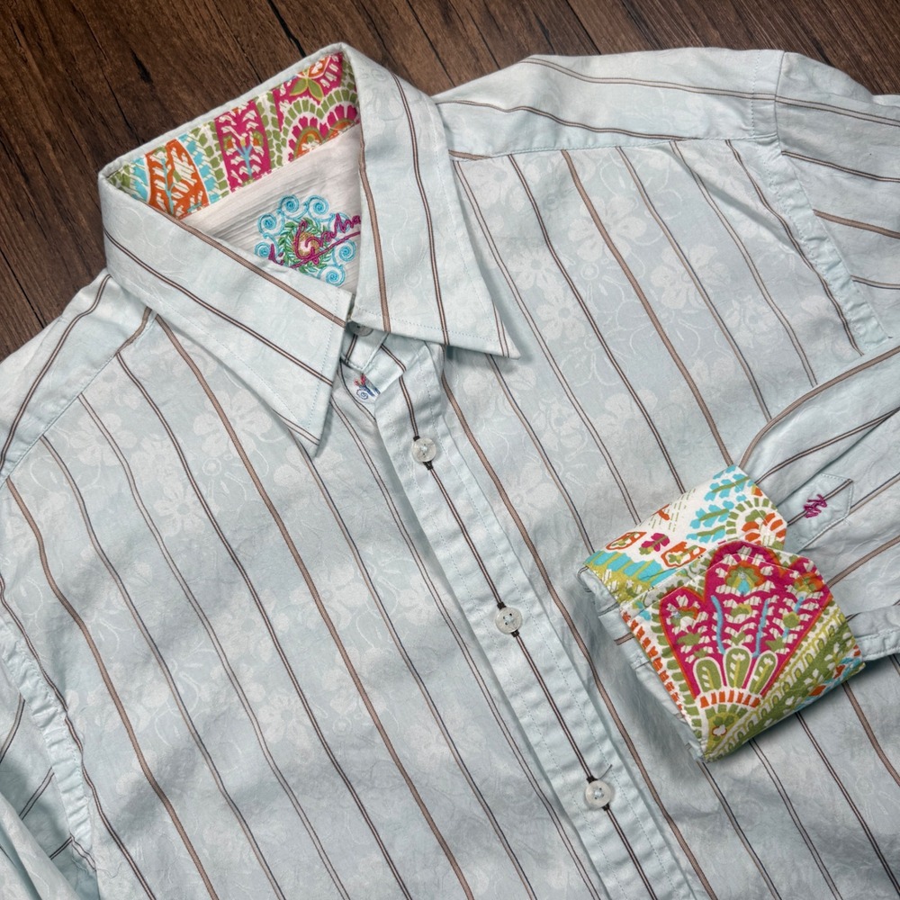 Robert Graham Shirt Mens L Blue Floral Paisley Striped Retro Bold 70s Party Club